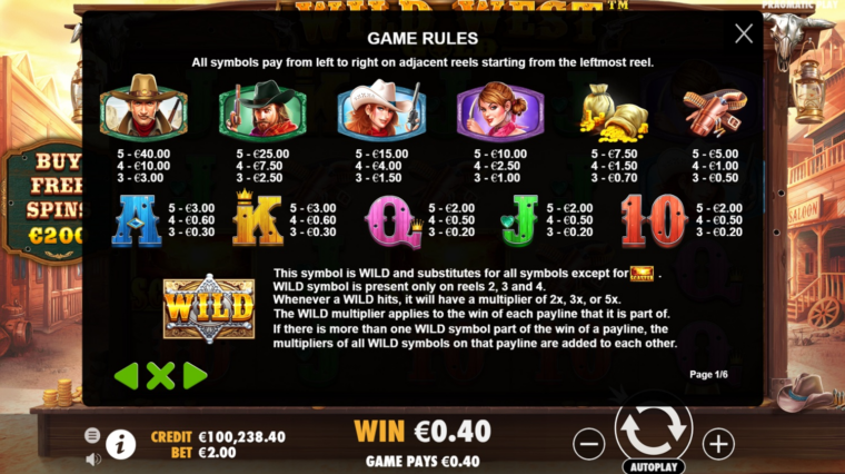 Полная таблица выплат слота Wild West Gold